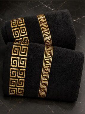 Luxury Black Bath Towels Set of 2 | Gold Greek Key | Hotel Spa | New | Full Size